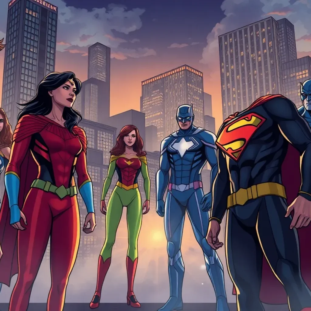 Diverse group of superheroes representing emotional struggles amidst a cityscape.