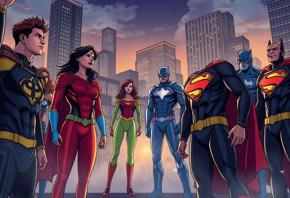 Diverse group of superheroes representing emotional struggles amidst a cityscape.