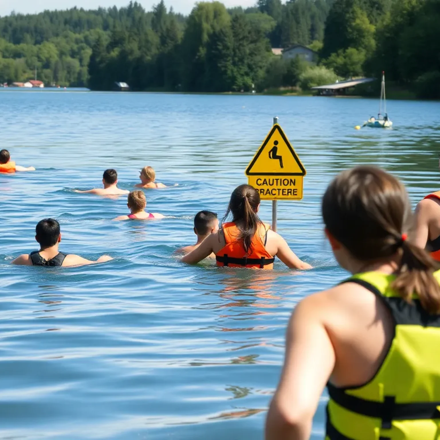 Swimmers practicing safety measures at a lake.
