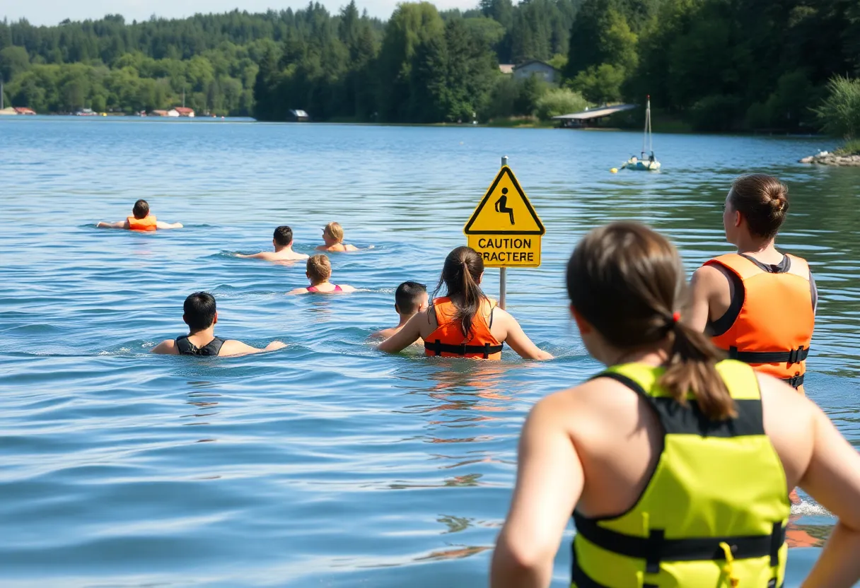 Swimmers practicing safety measures at a lake.