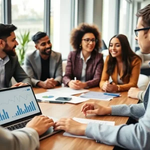 A diverse team discussing digital marketing strategies focused on content marketing ROI with graphs on a laptop.