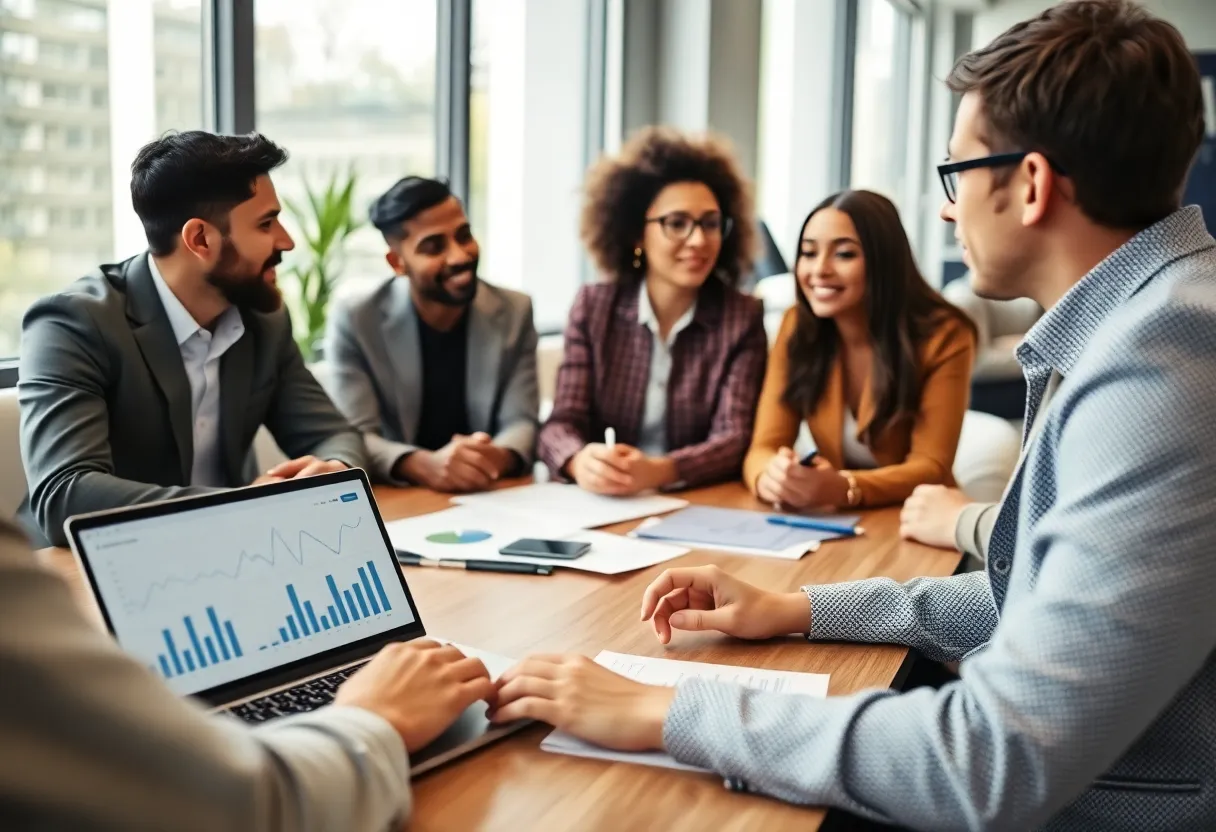 A diverse team discussing digital marketing strategies focused on content marketing ROI with graphs on a laptop.