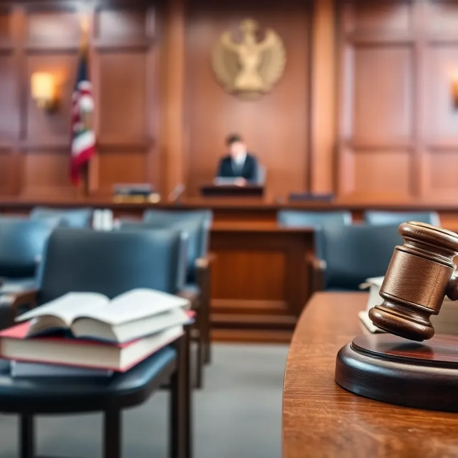 Empty courtroom with legal books and gavel