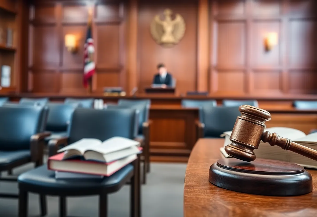 Empty courtroom with legal books and gavel
