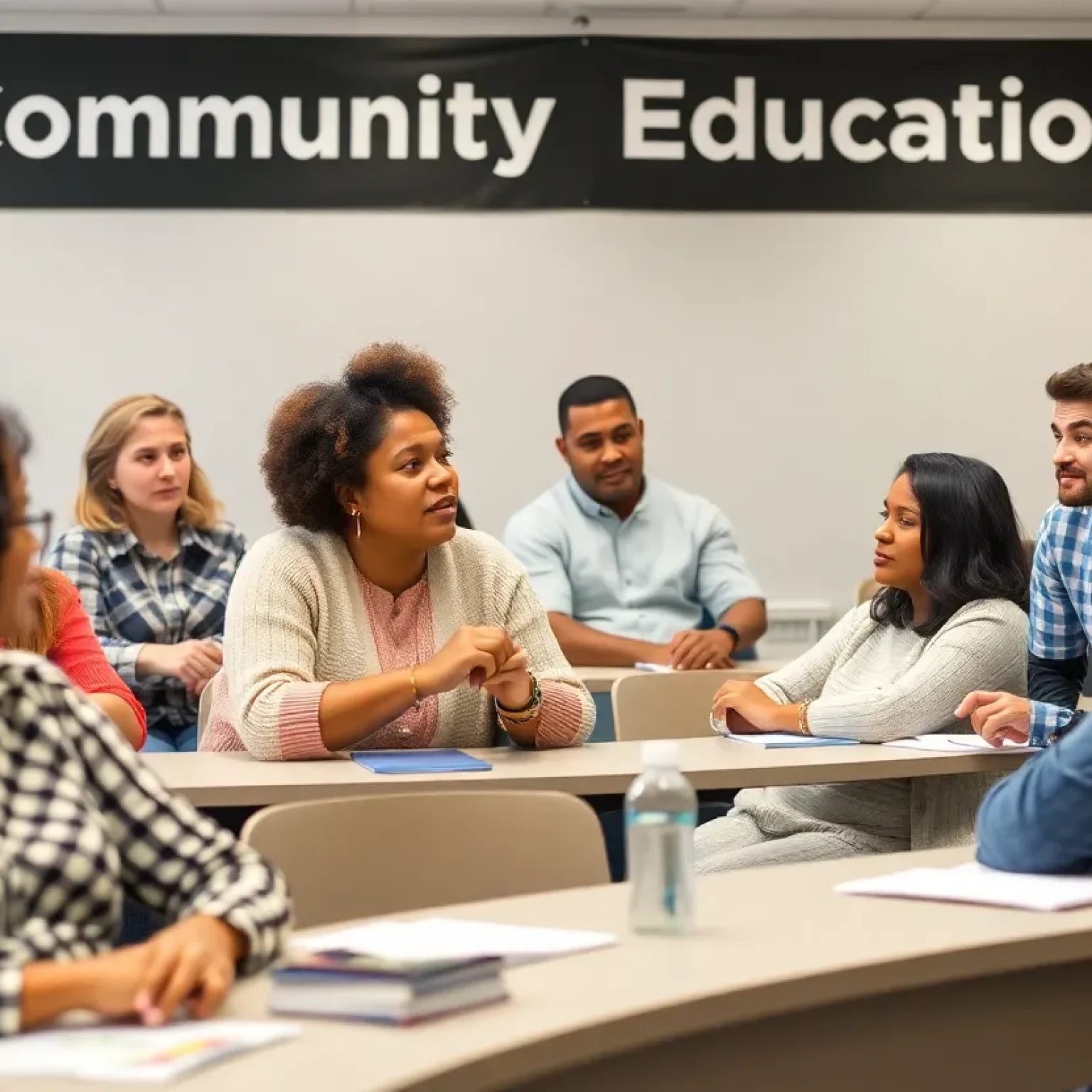 Adults engaged in a classroom discussion at FMU community course.