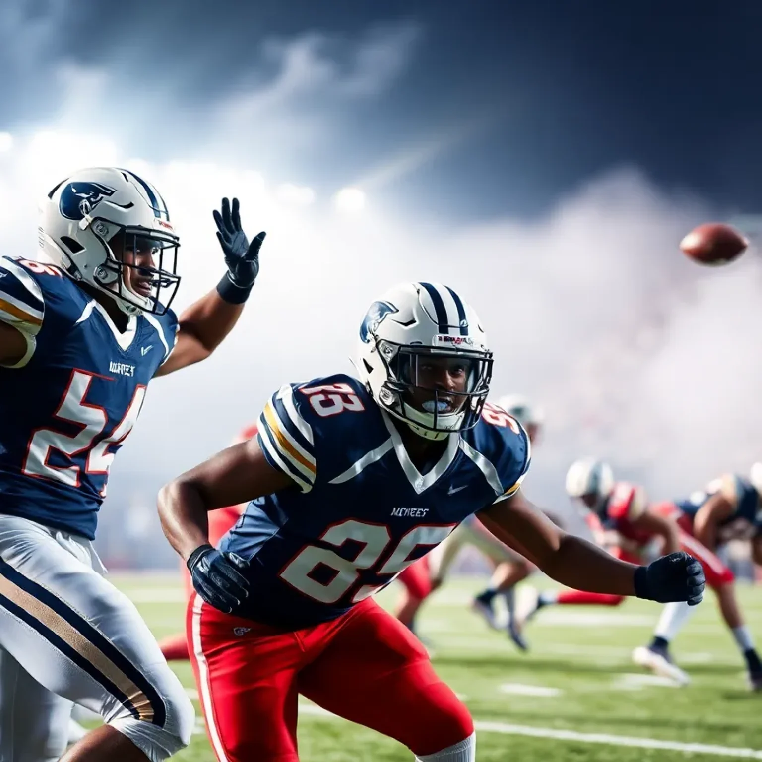 Football players in a competitive game, displaying team spirit and athletic skills.