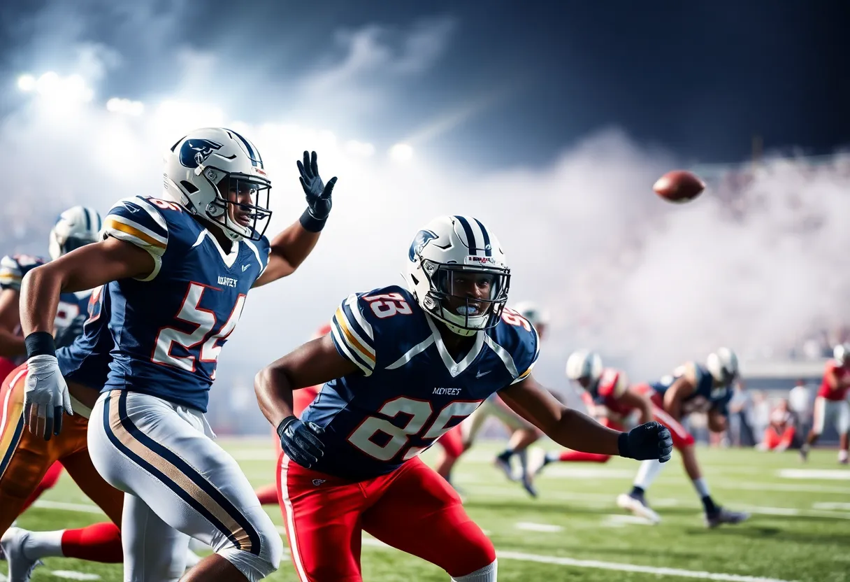Football players in a competitive game, displaying team spirit and athletic skills.