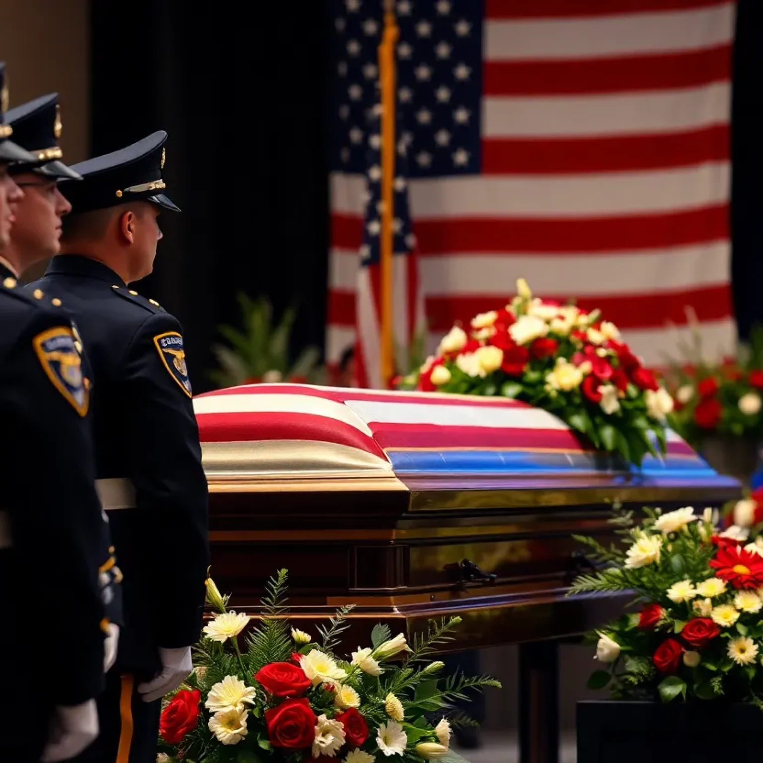 Honor guard and casket at Trooper Dennis Ricks' funeral service.