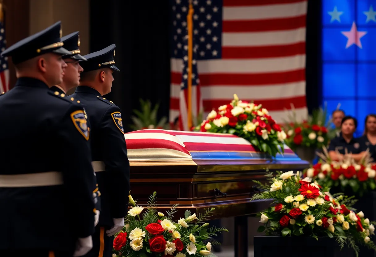 Honor guard and casket at Trooper Dennis Ricks' funeral service.