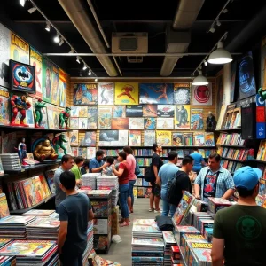 Interior view of Galactic Comics with comic books and collectibles