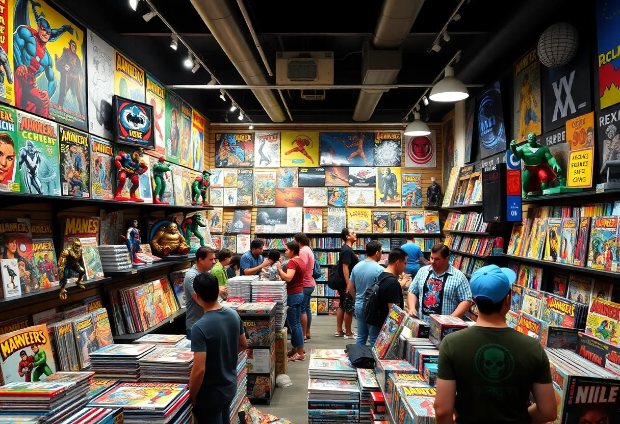 Interior view of Galactic Comics with comic books and collectibles