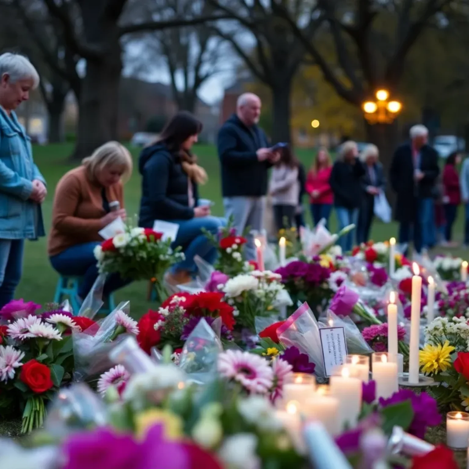 Community memorial gathering in Lexington with flowers