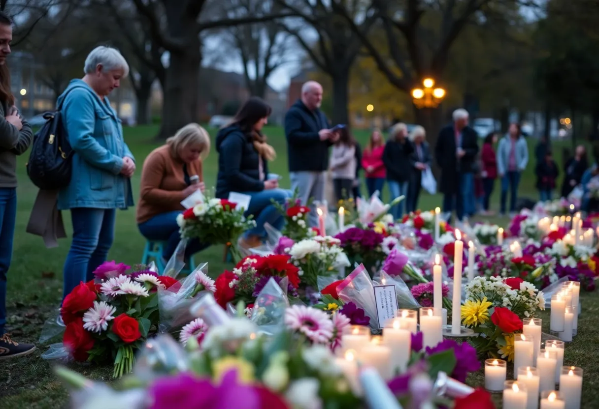 Community memorial gathering in Lexington with flowers