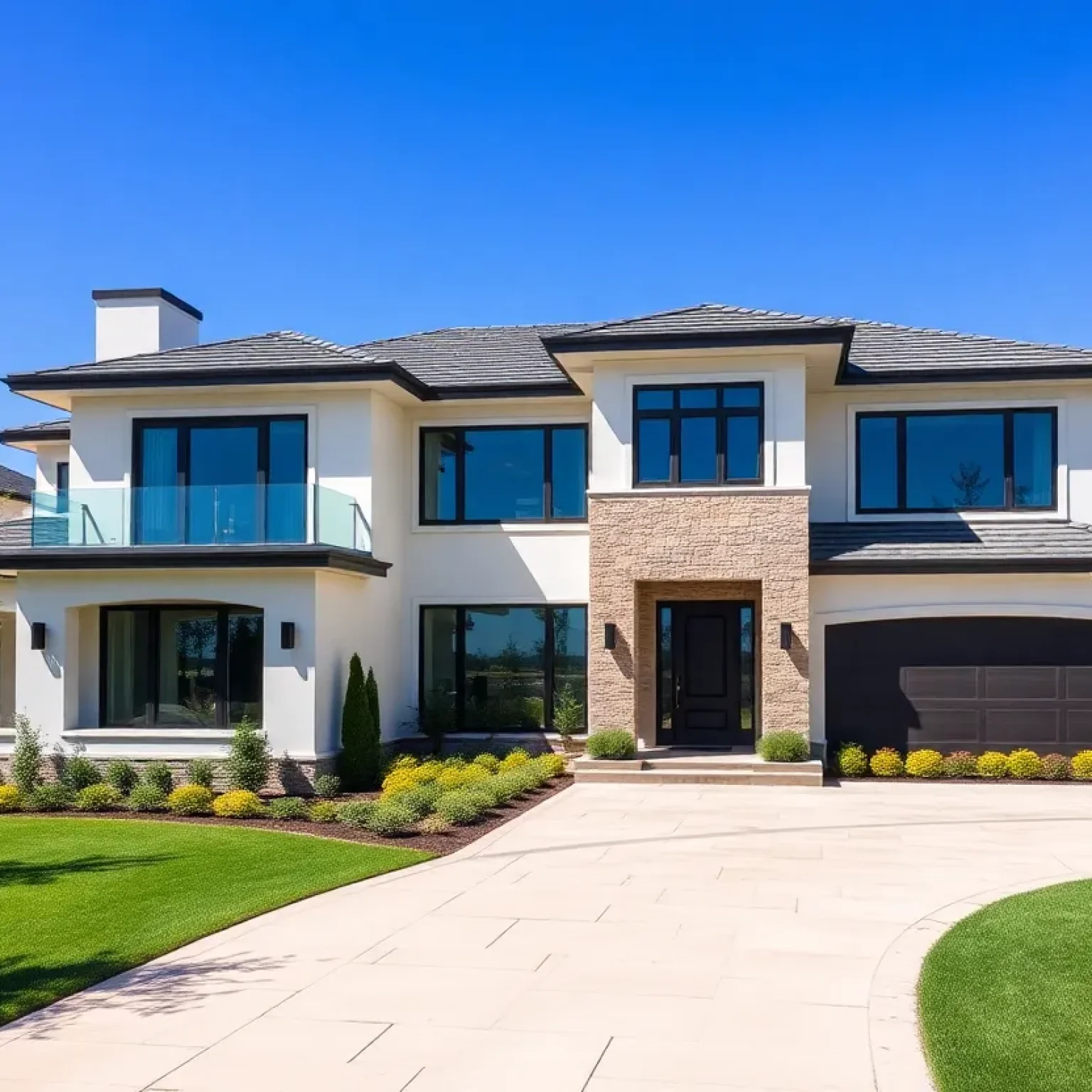 Exterior view of a luxury million-dollar home with landscaping