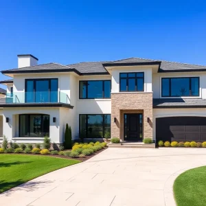 Exterior view of a luxury million-dollar home with landscaping