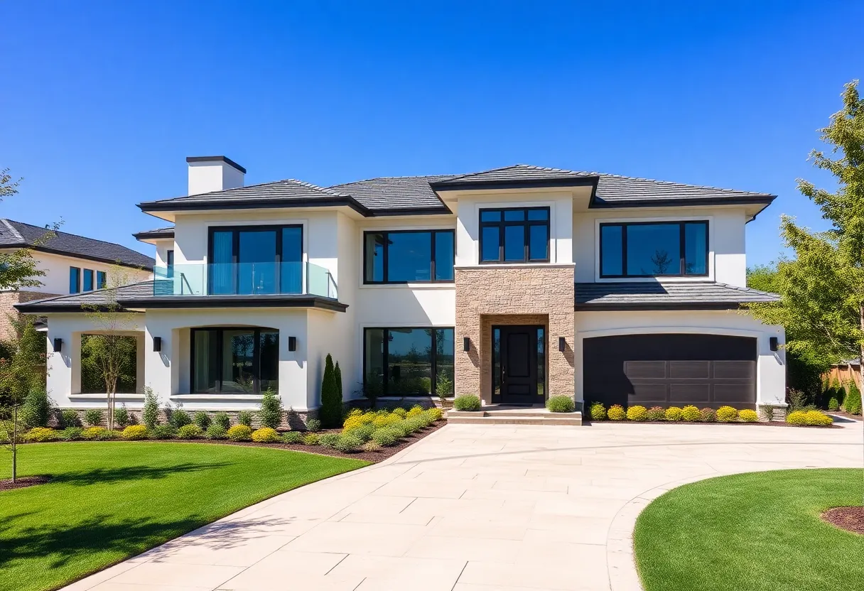 Exterior view of a luxury million-dollar home with landscaping