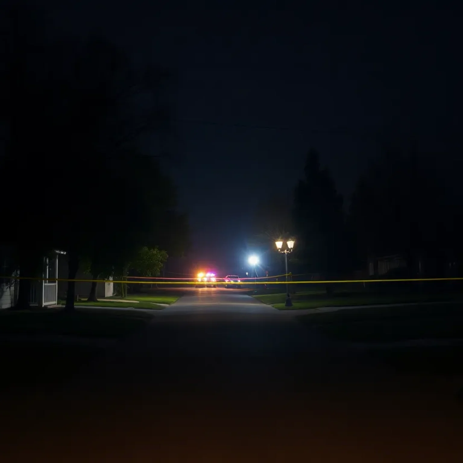 Police lights illuminating a neighborhood at night during a crime investigation.