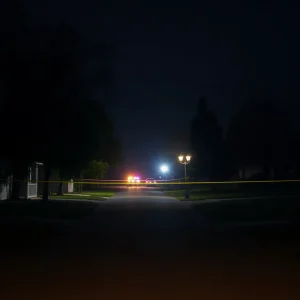 Police lights illuminating a neighborhood at night during a crime investigation.