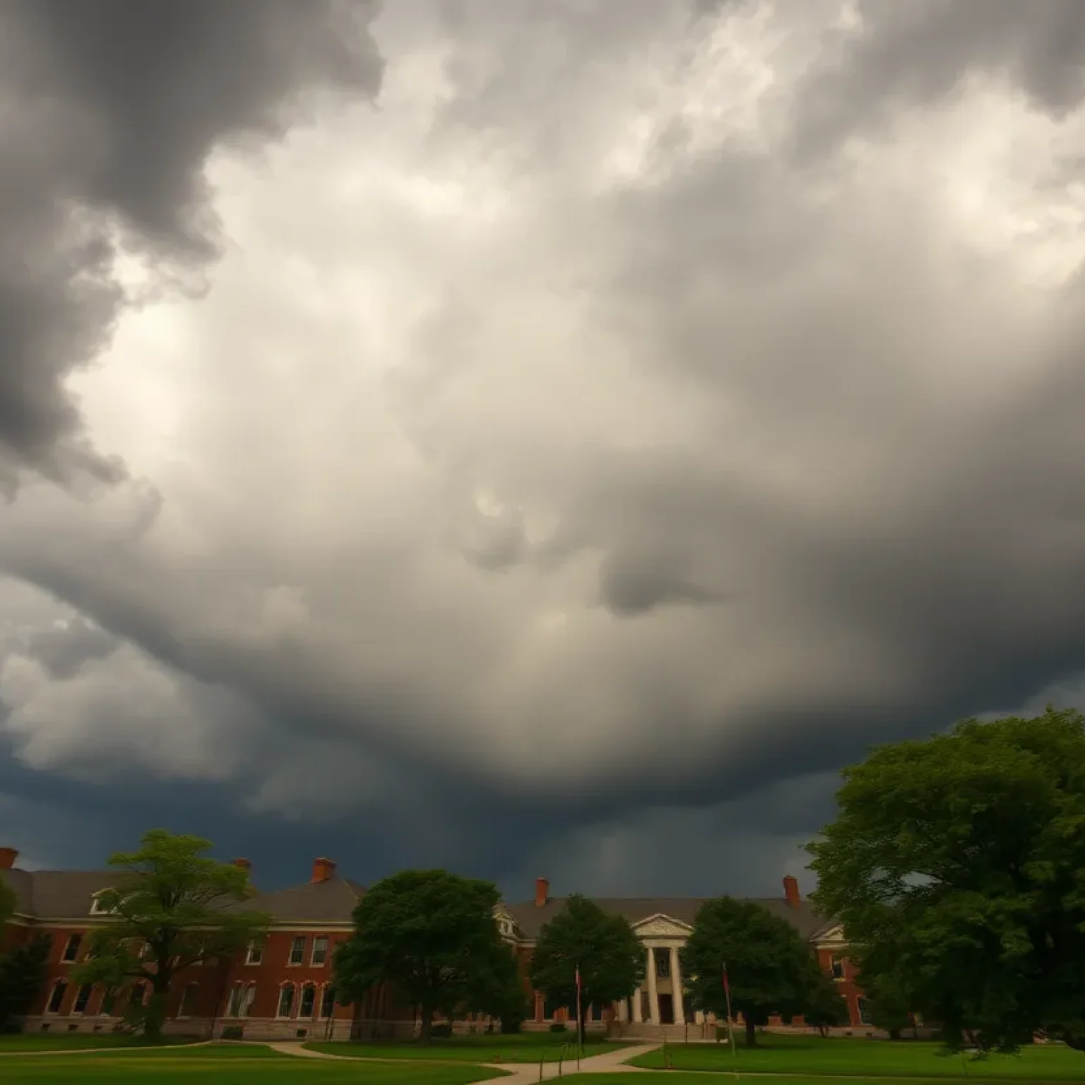 Dark storm clouds over university campus prior to thunderstorm