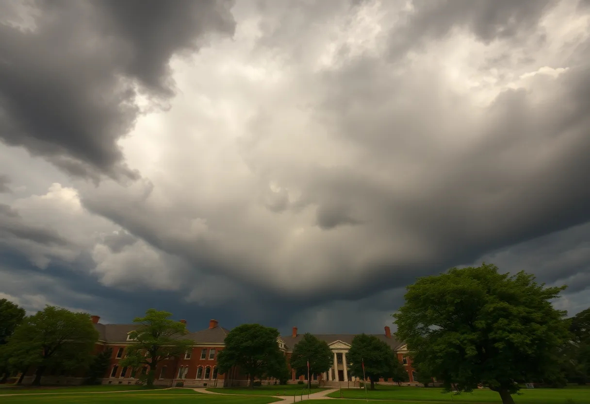 Dark storm clouds over university campus prior to thunderstorm