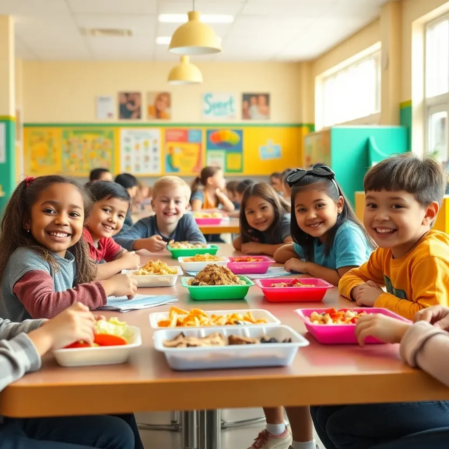 Students in a school cafeteria enjoying free healthy meals
