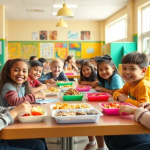 Students in a school cafeteria enjoying free healthy meals