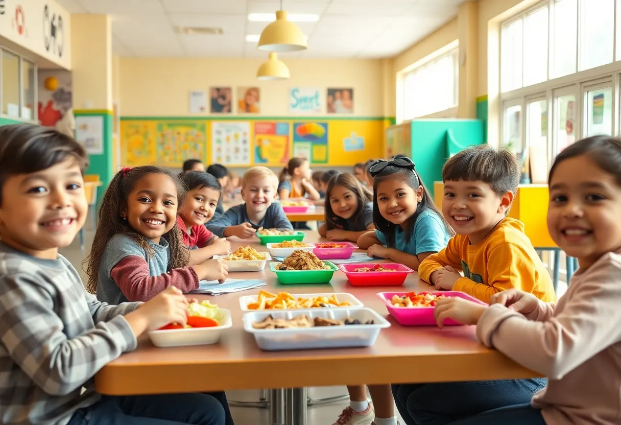 Students in a school cafeteria enjoying free healthy meals