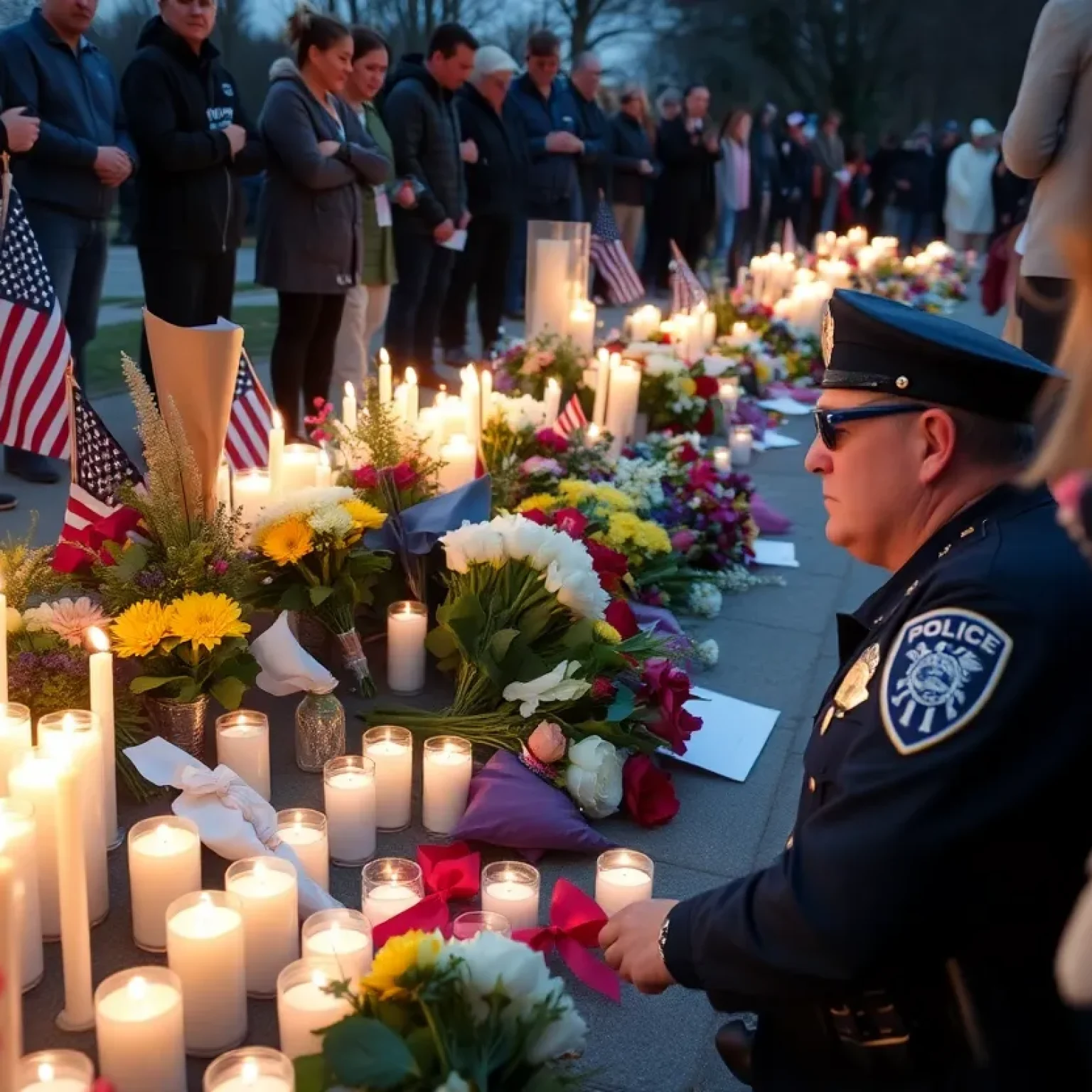 Memorial scene with candles and flowers for fallen Trooper