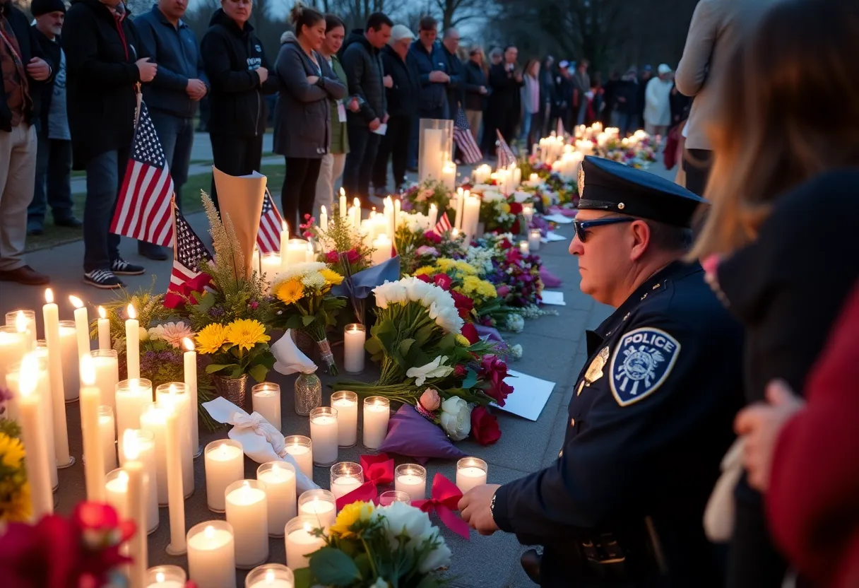 Memorial scene with candles and flowers for fallen Trooper