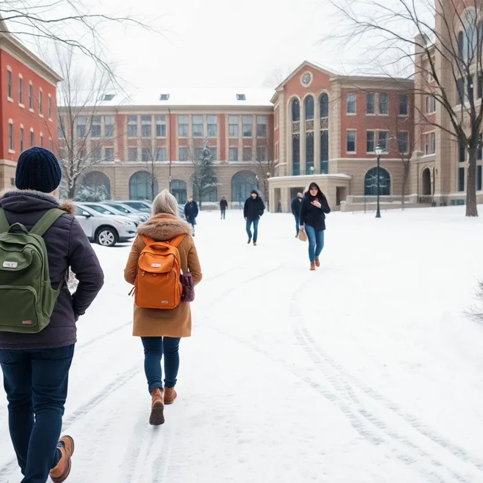 Snow-covered university campus with students during winter