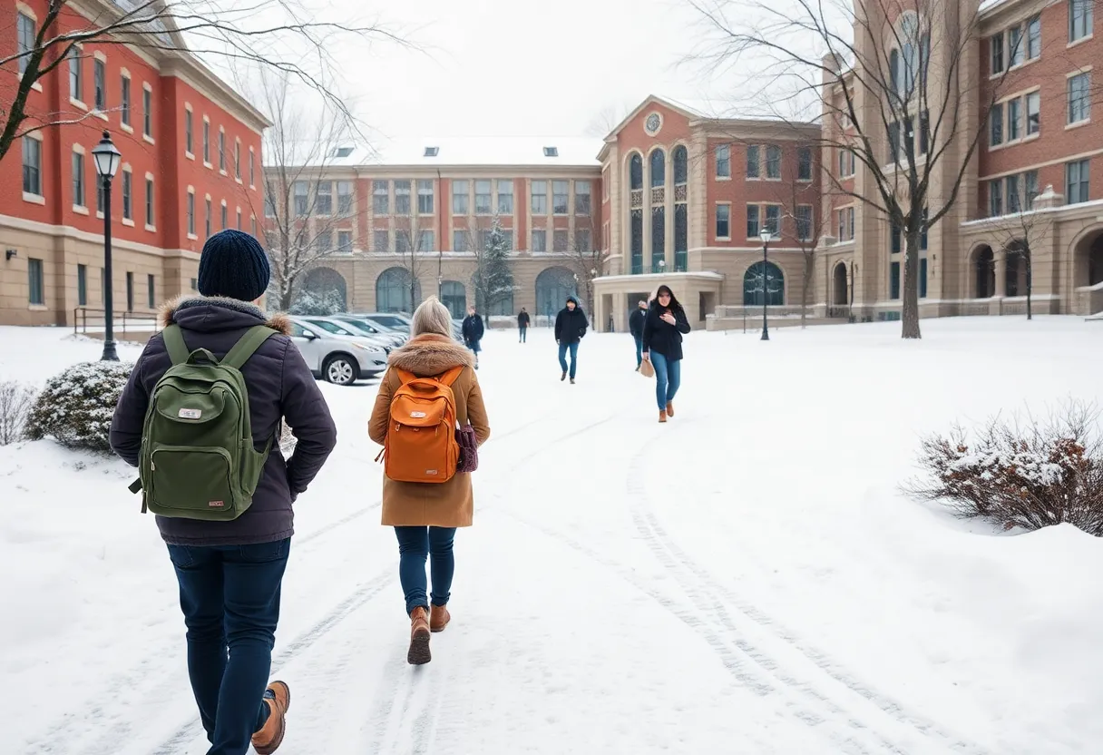 Snow-covered university campus with students during winter