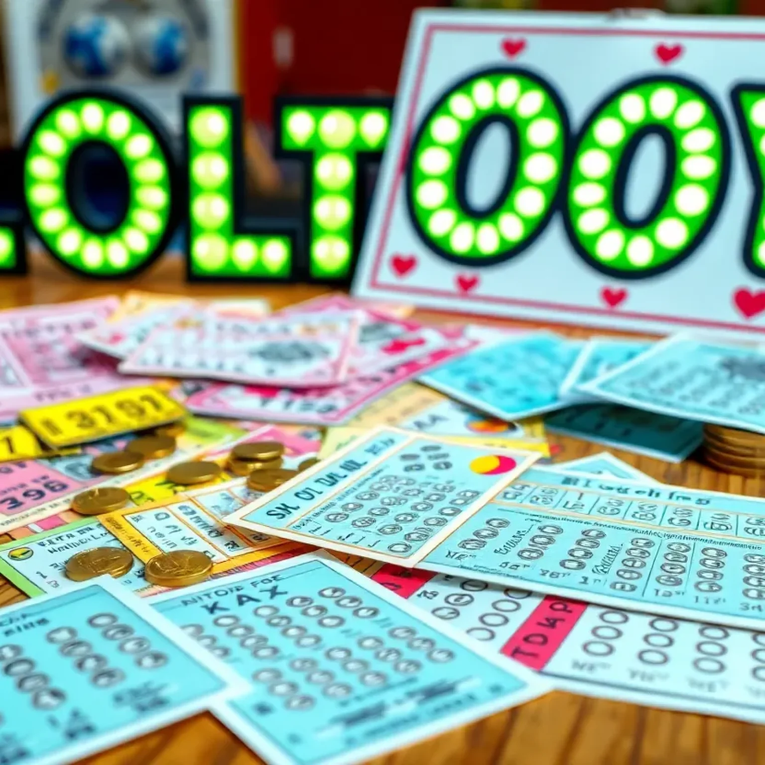 An assortment of scratch-off lottery tickets on a table.