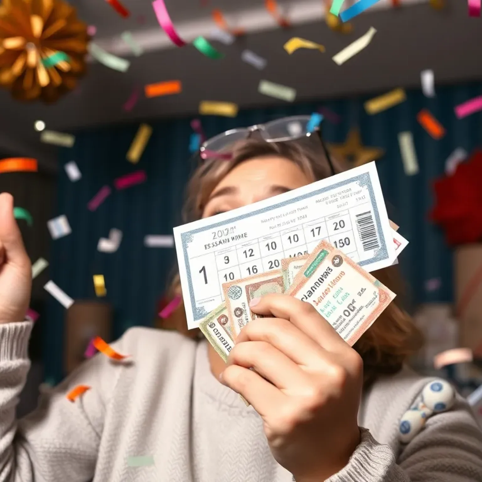 A joyful scene of a simulation of a lottery winner celebrating with confetti and colorful decorations.