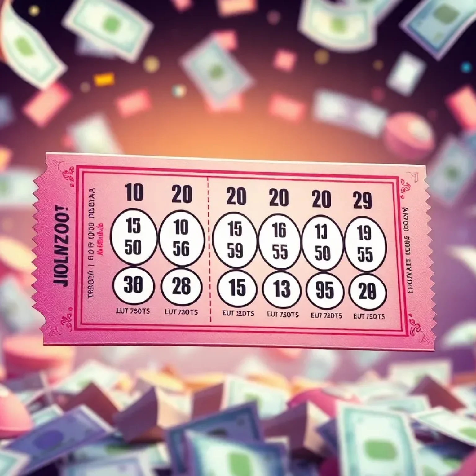 Illustration of a lottery ticket and money representing the Mega Millions jackpot