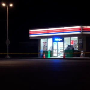 Police lights at a convenience store during a robbery investigation