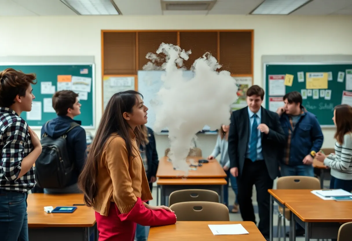 Classroom disrupted by foul odor with students reacting