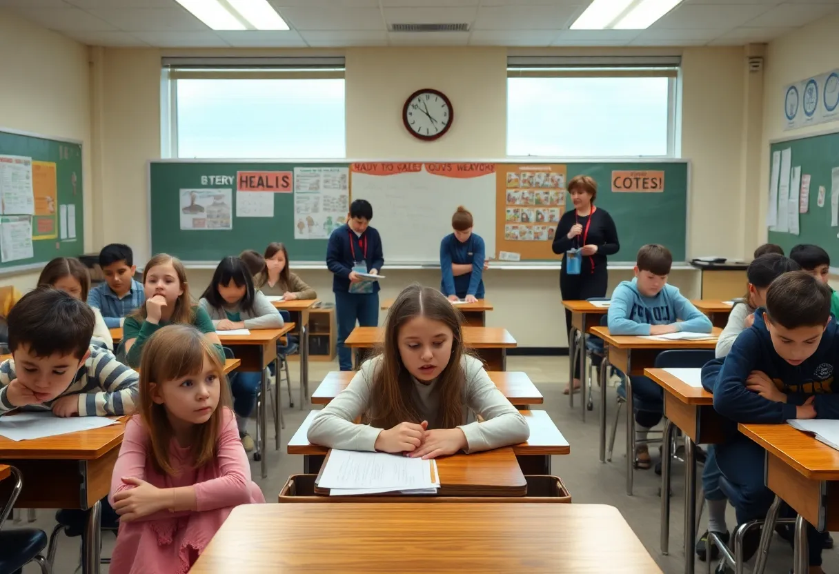 Students and staff responding to a disruption in a classroom due to foul odor