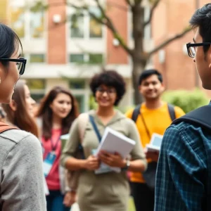 Illustration of a college campus promoting safety and educational staff conduct.