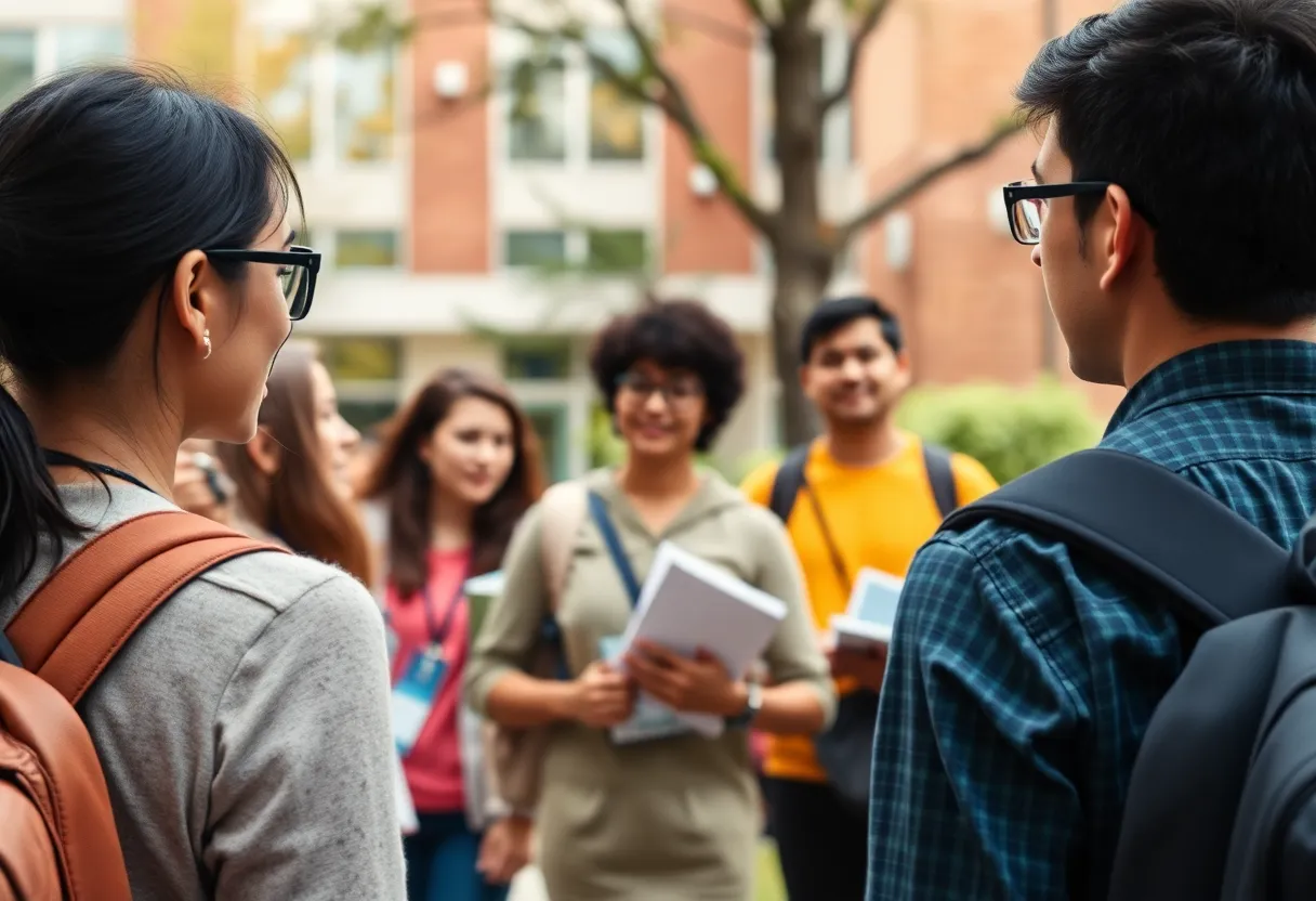 Illustration of a college campus promoting safety and educational staff conduct.