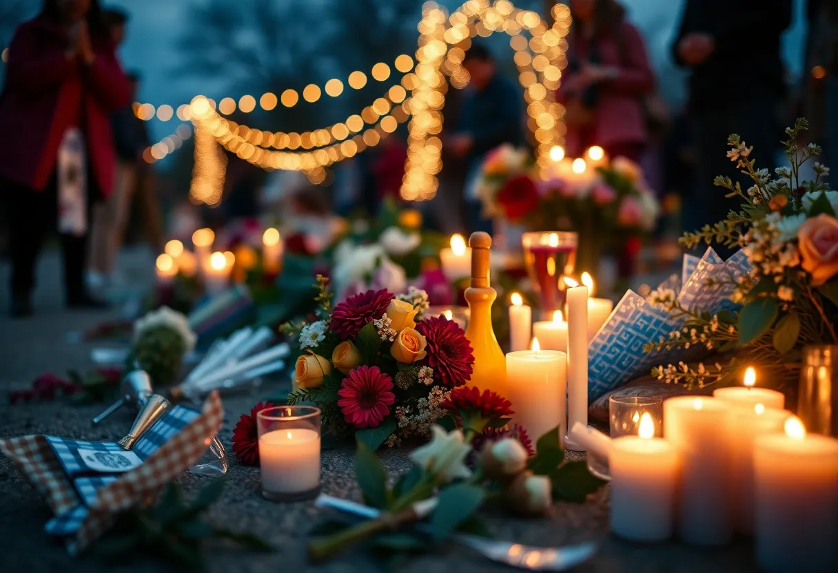Candles and flowers at a vigil for a toddler victim of gun violence.