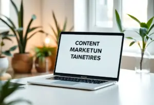 Laptop displaying content marketing strategies in a modern office.