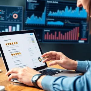 Digital marketing professional reviewing customer feedback on a laptop.