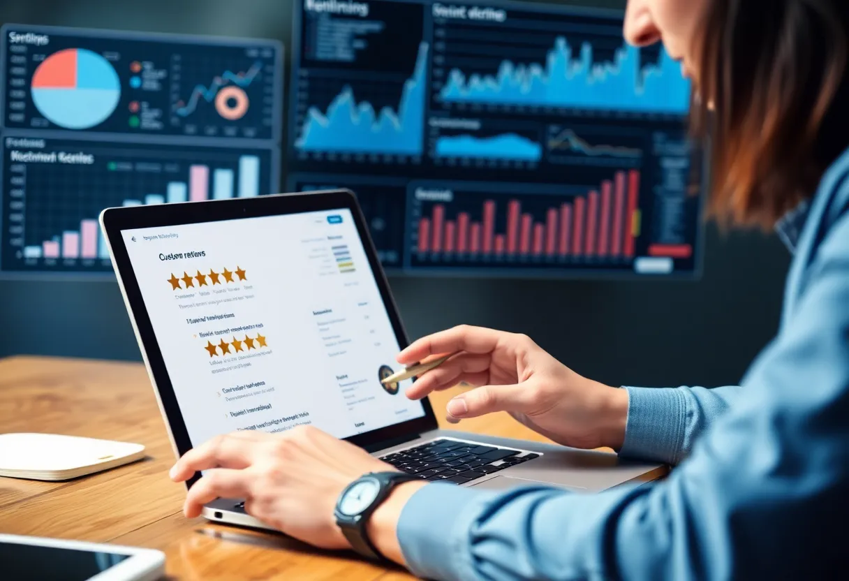 Digital marketing professional reviewing customer feedback on a laptop.