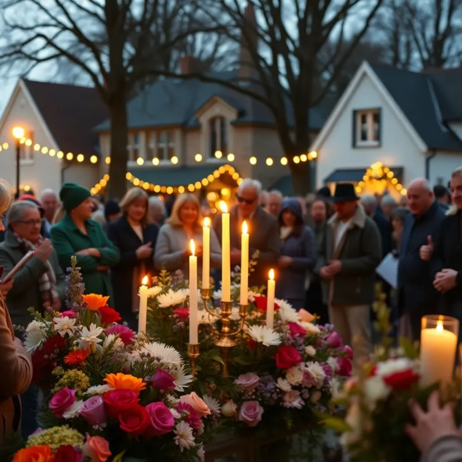 Community members gather at a memorial service with flowers and candles.