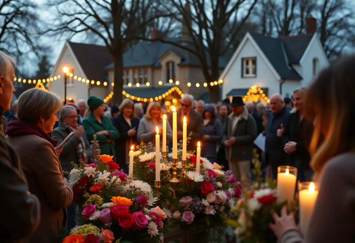 Community members gather at a memorial service with flowers and candles.
