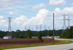 A view of South Carolina showing power lines and infrastructure associated with energy projects.