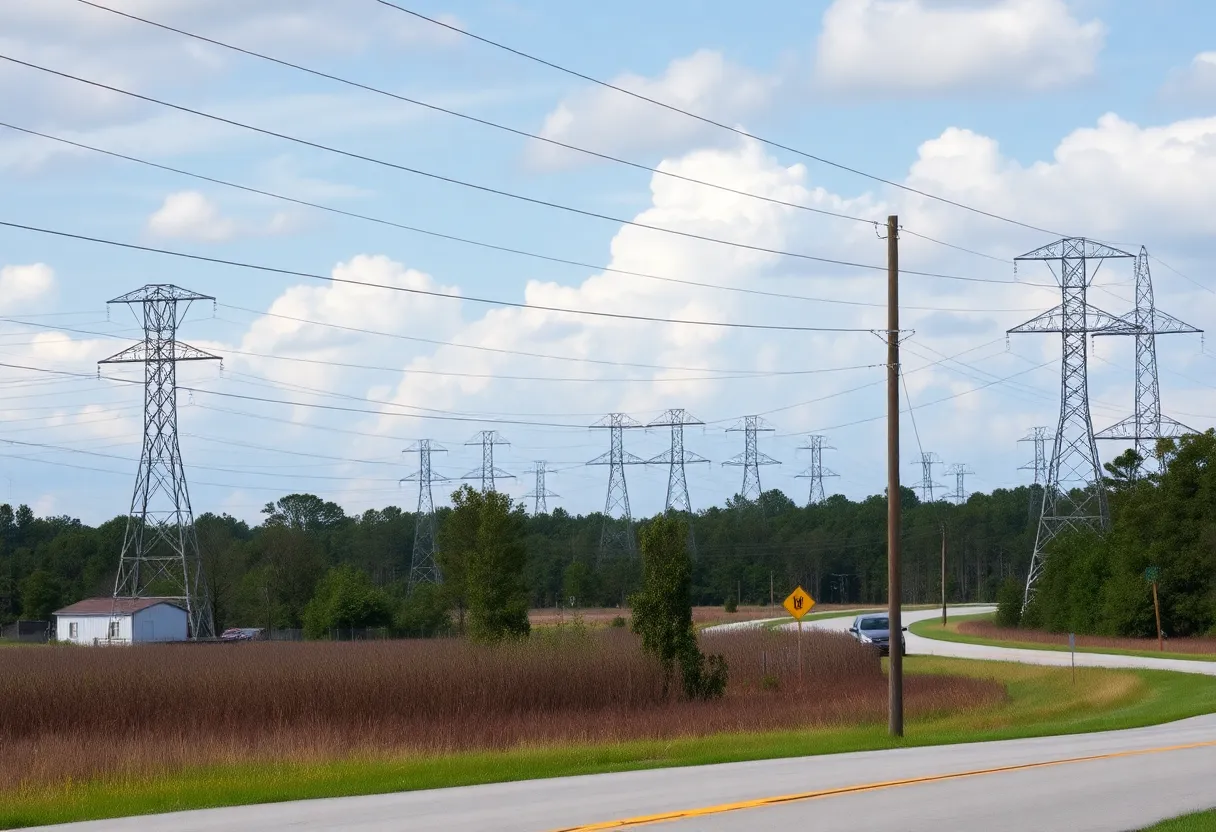 A view of South Carolina showing power lines and infrastructure associated with energy projects.