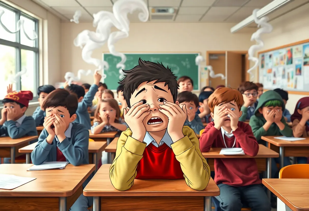 Students in a classroom reacting to a foul odor with discomfort