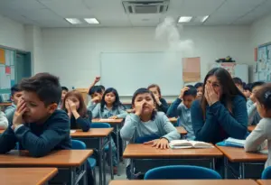 Students reacting in a classroom to a strong foul odor
