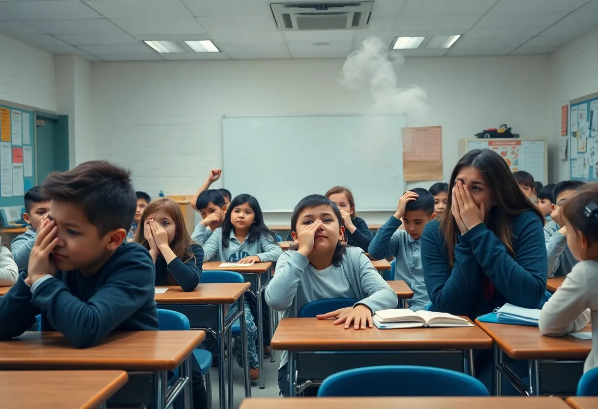 Students reacting in a classroom to a strong foul odor